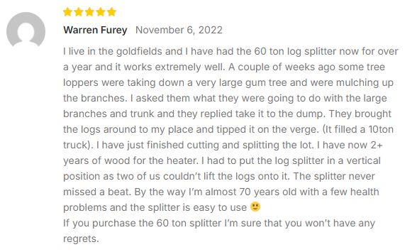 Perth Sales Machinery Hire Hydraulic Log Splitter Customer Review